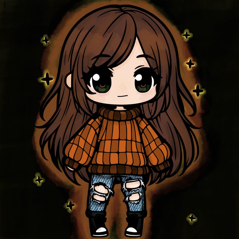 chibi girl with ripped jeans,long hair, and an oversized sweater