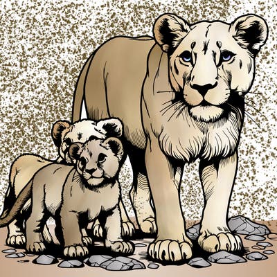 realistic lioness with two cubs