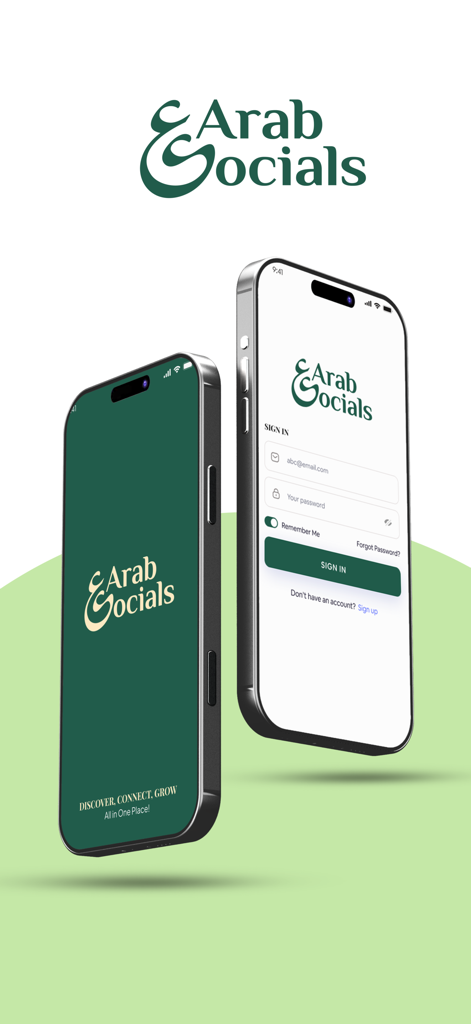 Arab Socials - Mockup of Arab Socials app showing the splash screen and sign in page on smartphones