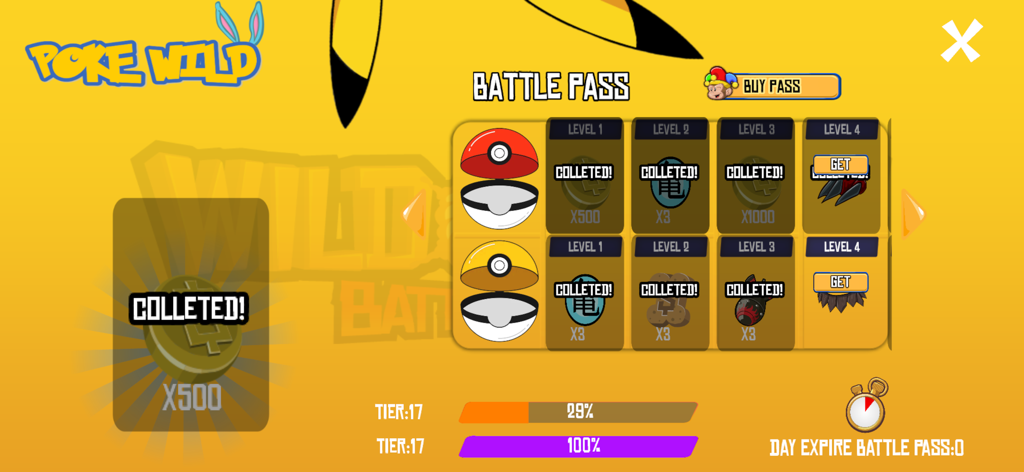 Wild Ones Battle Stadium - Menú del pase de batalla en Wild Ones Battle Stadium mostrando recompensas y niveles de progresión