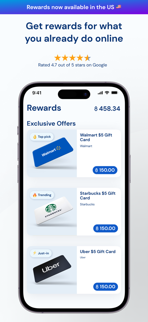 Gener8 - Earn From Your Data - Gener8 app interface displaying available gift card rewards for Walmart Starbucks and Uber in the US