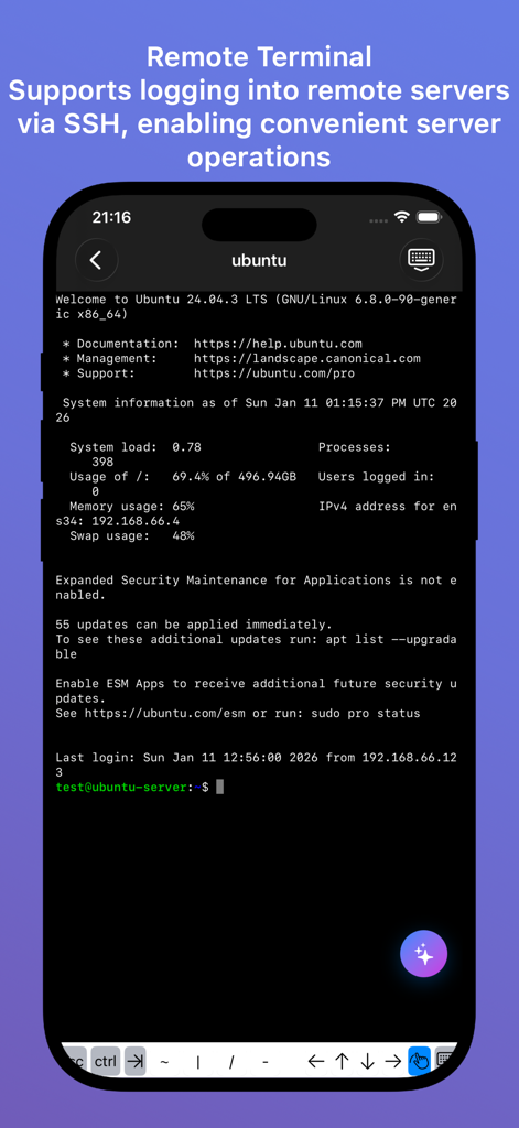 Nexus Terminal - Screenshot of Nexus Terminal app showing a remote SSH connection to an Ubuntu server.