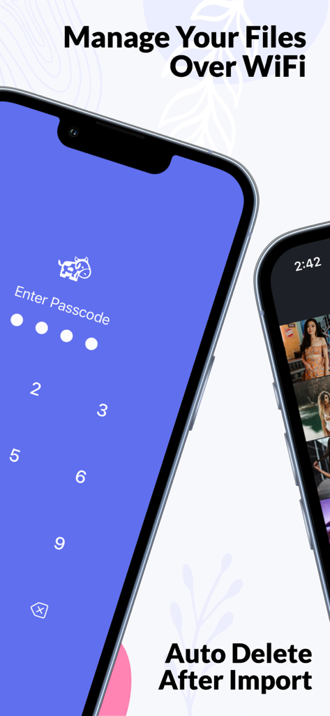 MooCow: Hide Photos & Videos - MooCow app interface showing passcode entry and hidden photo gallery