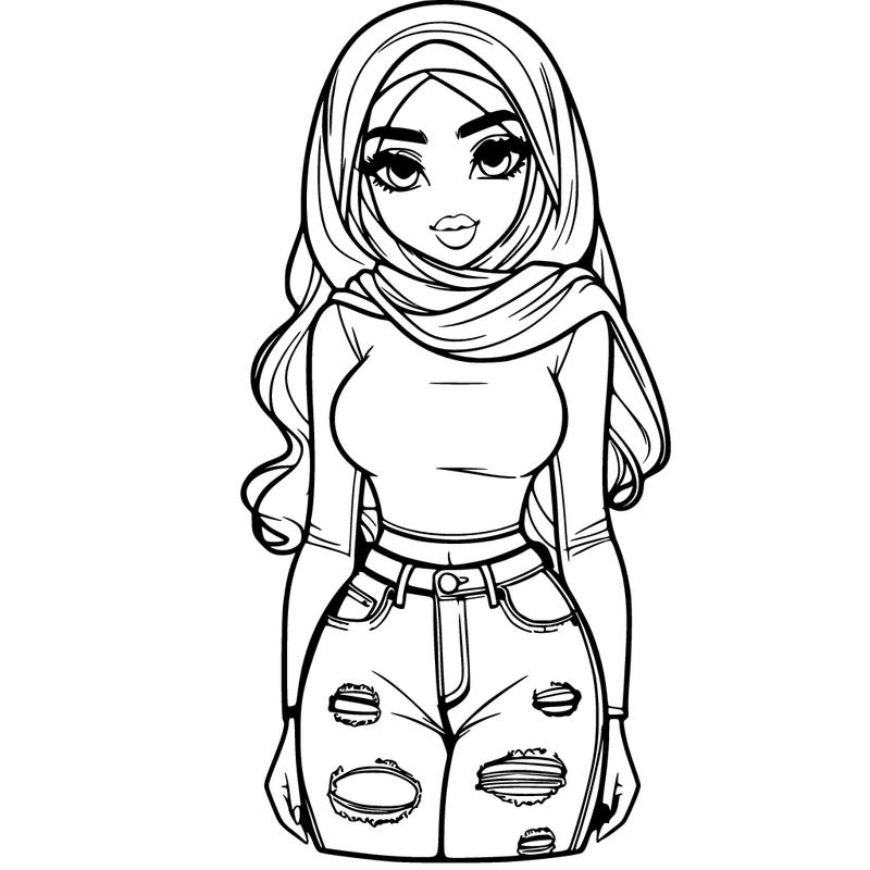 pretty woman in a pretty shirt and ripped jeans.