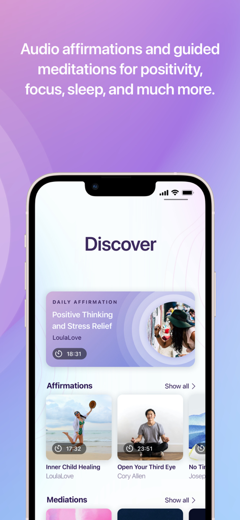 Third Eye Thoughts - Third Eye Thoughtsアプリのインターフェース。ウェルネスとスピリチュアリティのためのオーディオアファメーションとガイド付き瞑想のセレクションが表示されています。