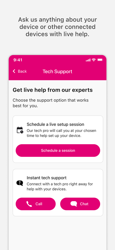 Bildschirm für den technischen Support in der Protection 360 App mit Optionen für Anrufe, Chat und geplante Hilfe-Sitzungen