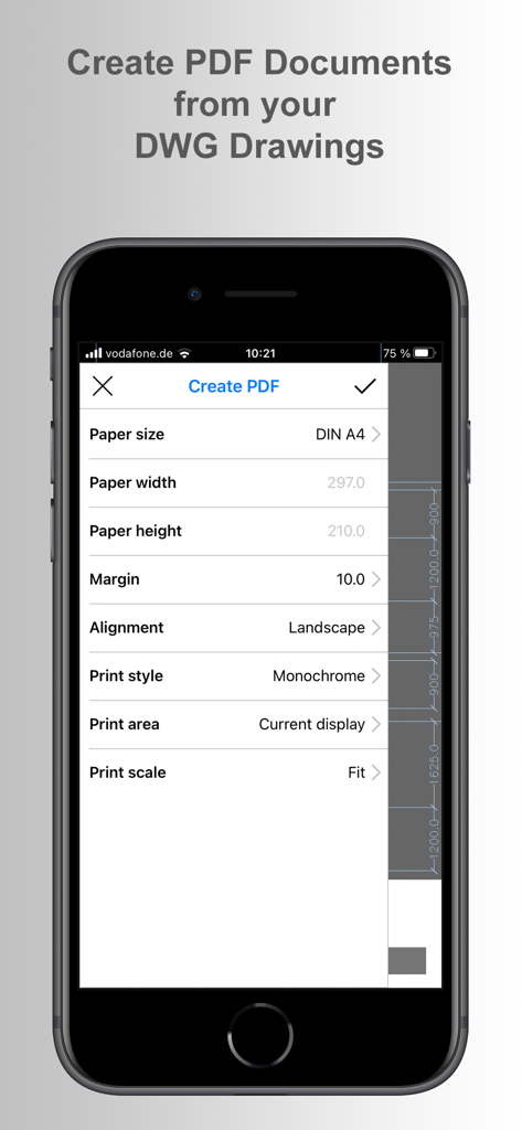 biiCADo Mobile - CAD App - Interfaz de la aplicación biiCADo Mobile mostrando la configuración de Crear PDF para exportar dibujos CAD en un iPhone