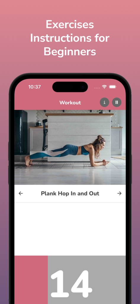 Abs, Butt & Thighs Workout - Smartphone screen showing a woman performing a plank exercise with step by step instructions for beginners