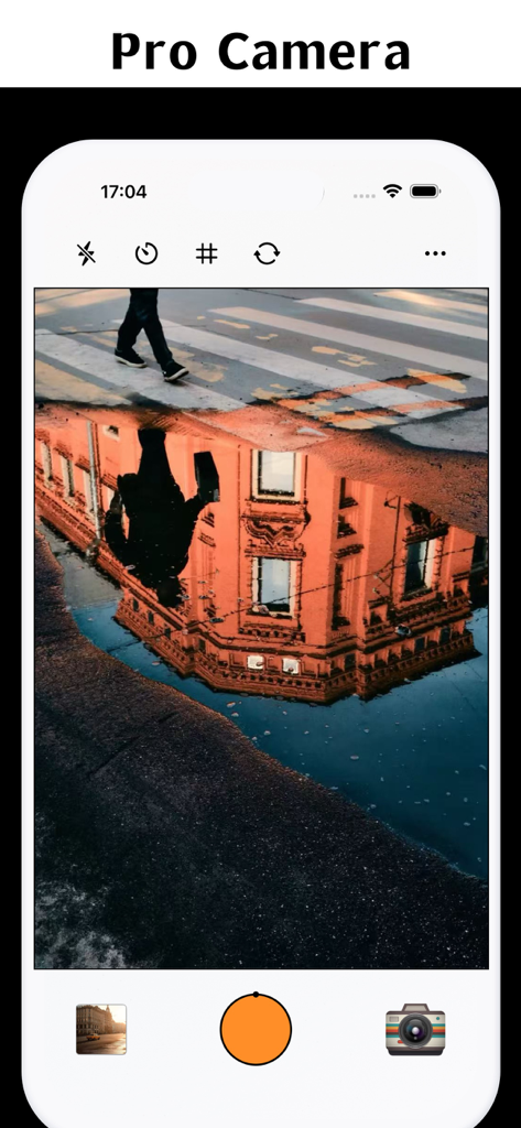 Daxx Cam app interface showing the pro camera mode with an aesthetic urban reflection photo.