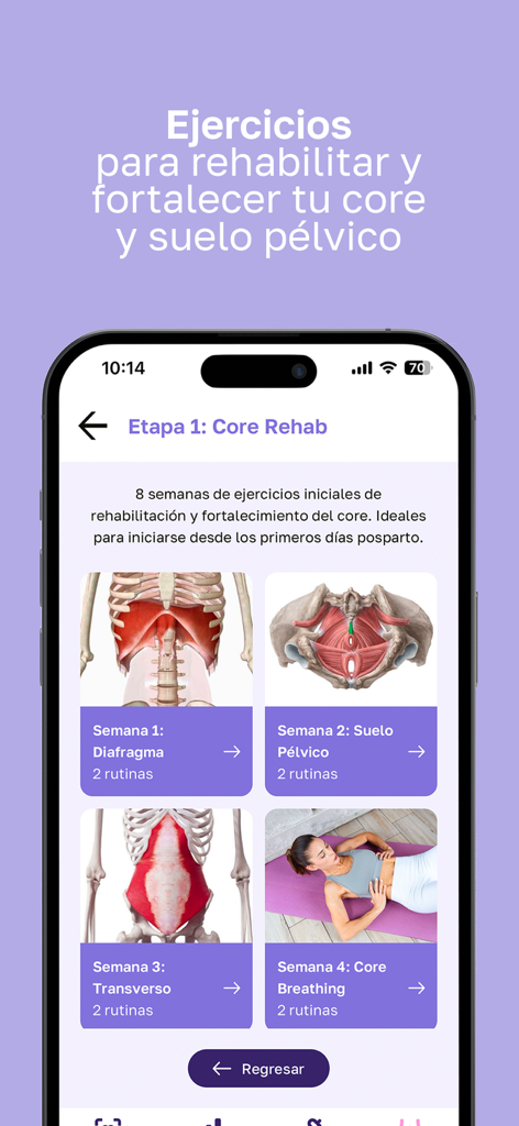 JimeFitMom: Pre y Posnatal - Mobile app interface showing a postnatal core and pelvic floor rehabilitation program with weekly exercise routines