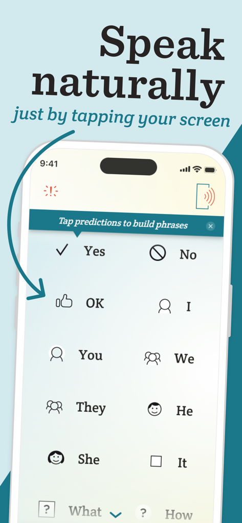 Schermata dell'app Spoken CAA che mostra icone di parole come Sì e No per l'assistenza vocale