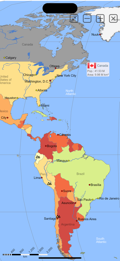 World atlas & map MxGeo Pro - Digital world map from MxGeo Pro app showing North and South America with city labels and country data