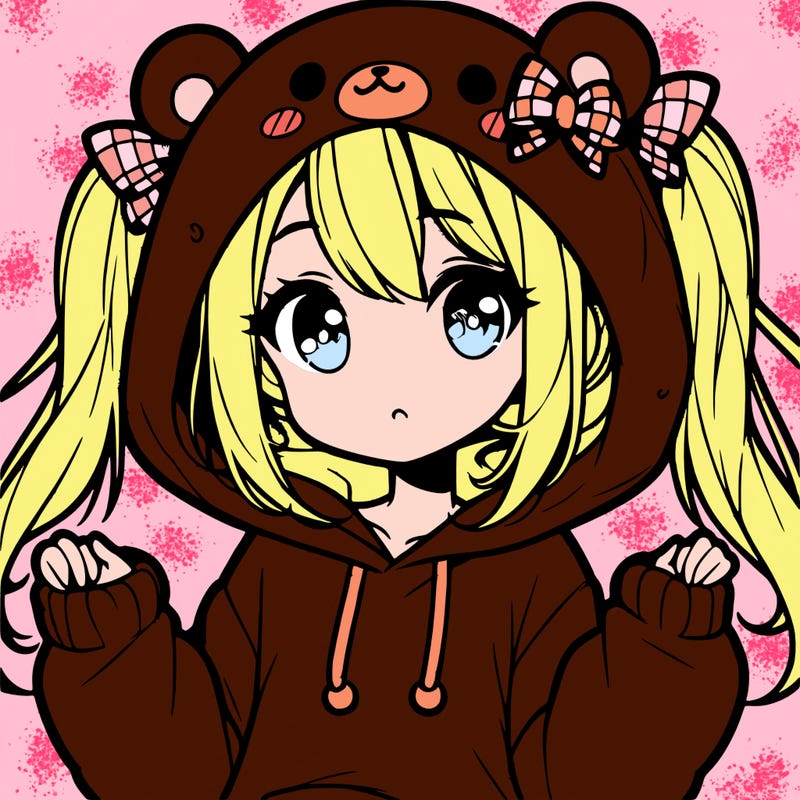 cute anime girl with ponytails and a cute bear hoodie