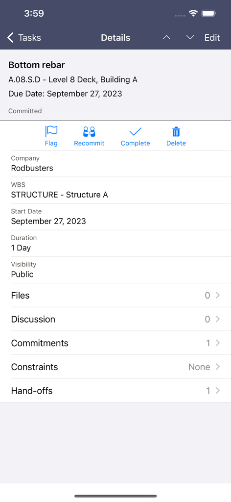 Oracle Primavera Cloud - Oracle Primavera Cloud 작업 세부 정보 인터페이스, 하부 철근 건설 진행 상황 표시