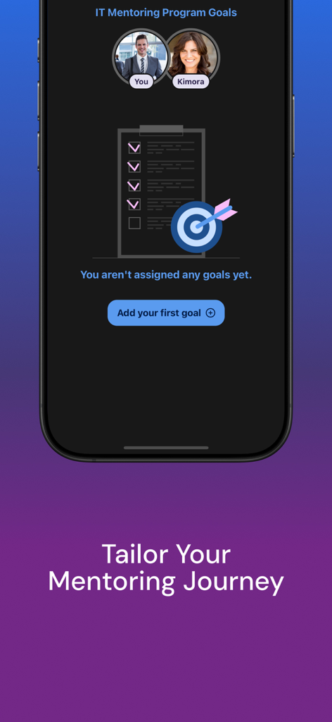 MentorcliQ - MentorcliQ app screen showing IT mentoring program goals and an option to add new career objectives