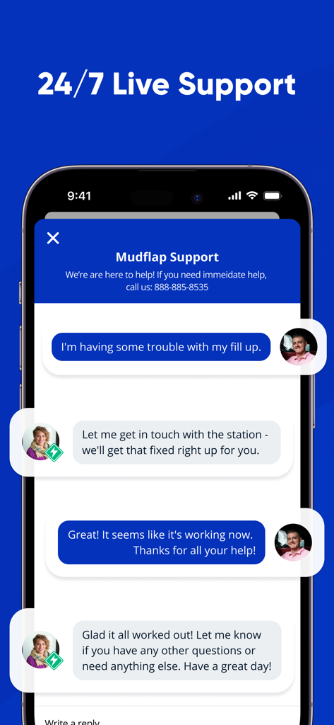 Mudflap - A mobile screen showing the Mudflap app 24/7 live support chat interface for truck drivers