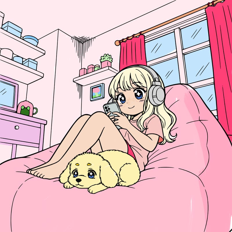 a cute girl in her room which is very cute and calm, sitting  beanbag with her earphones in and is on her phone