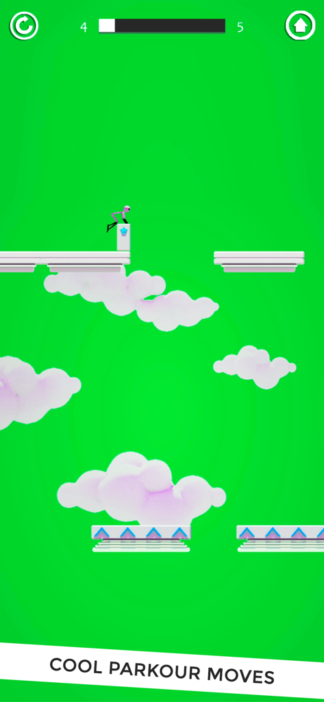 Stickman Parkour 3D Ninja Run - A purple stickman performing parkour jumps across platforms above clouds in a 3D obstacle course game.