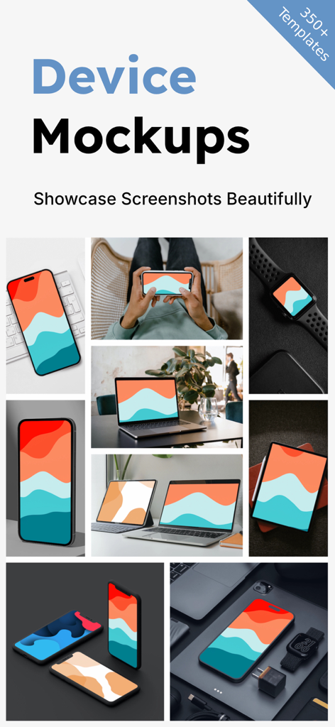 Mockup Templates - Mizframa - A collage of device mockups including iPhone Mac and Apple Watch showcasing screenshots with abstract colorful designs