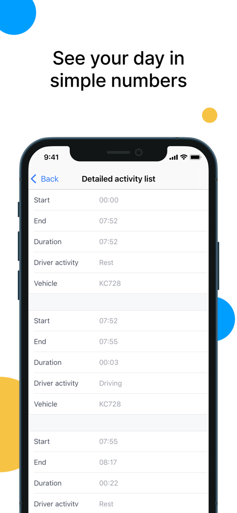 Tachogram - Lista detallada de actividades del conductor, incluyendo tiempos de conducción y descanso, en la aplicación móvil Tachogram.