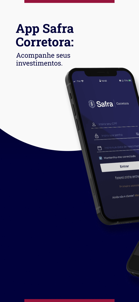 Safra Corretora - Pantalla de inicio de sesión de la aplicación de inversión Safra Corretora mostrada en un teléfono móvil