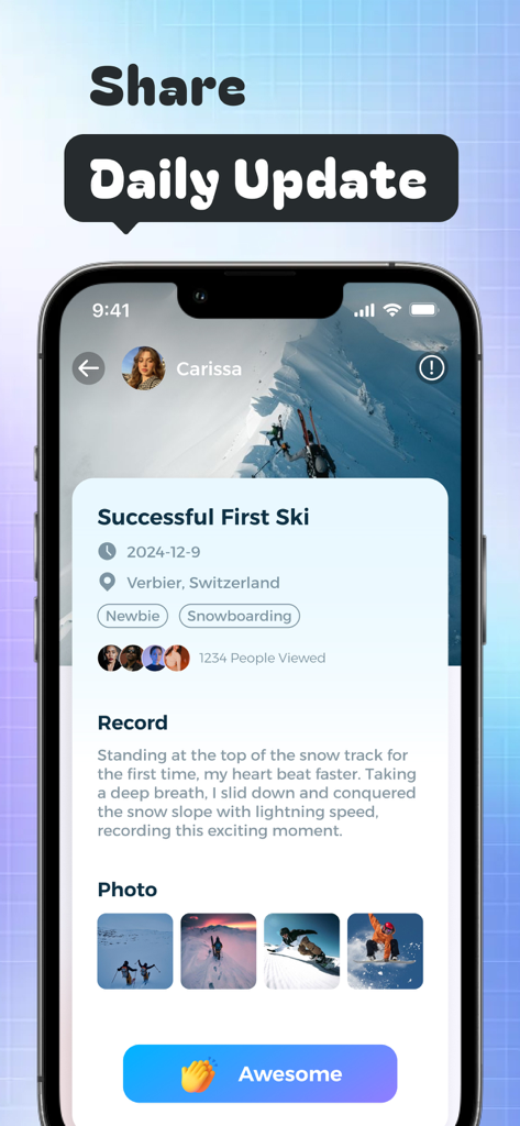 Viko app screen showing a user sharing their skiing experience and photos