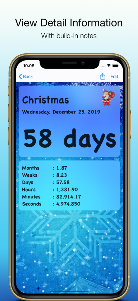 Reminder & Countdown Pro - A detailed countdown to Christmas showing 58 days remaining with a full time breakdown