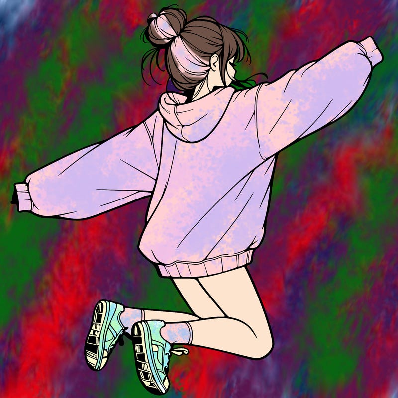 realistic girl jumping with a bun and oversized sweatshirt