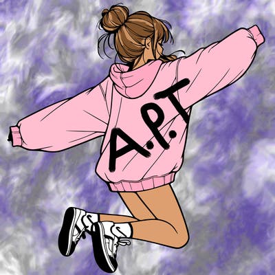 realistic girl jumping with a bun and oversized sweatshirt