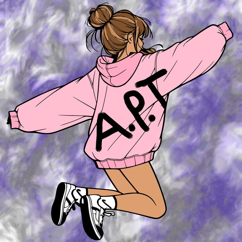 realistic girl jumping with a bun and oversized sweatshirt