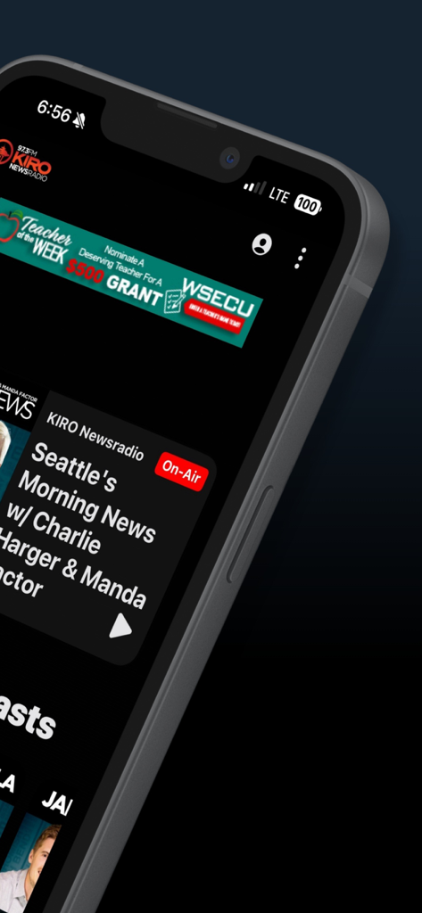 Smartphone screen displaying the KIRO Newsradio app with Seattles Morning News live