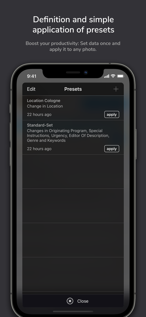 ImagExif 2 - edit exif data - Eine mobile Benutzeroberfläche der ImagExif 2 App, die eine Liste gespeicherter Metadaten-Voreinstellungen wie Standort Köln und Standard-Set zur Steigerung der Produktivität zeigt.