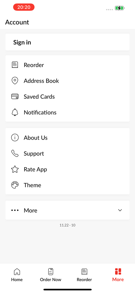 Pizza Night Plus - Pizza Night Plus app account and settings screen with options for reordering and managing addresses.