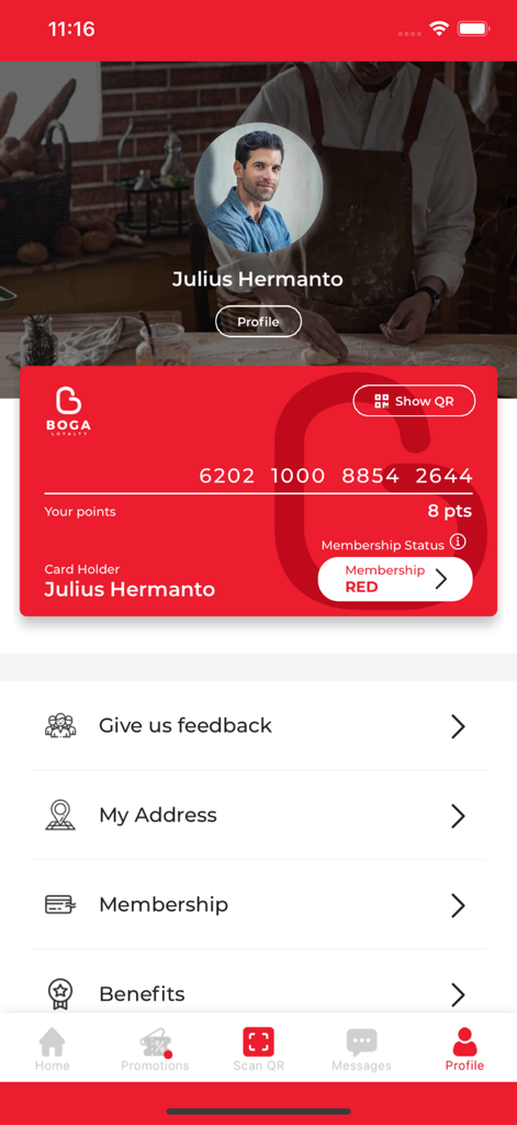 Boga App profile screen displaying a digital loyalty card with membership points and account settings