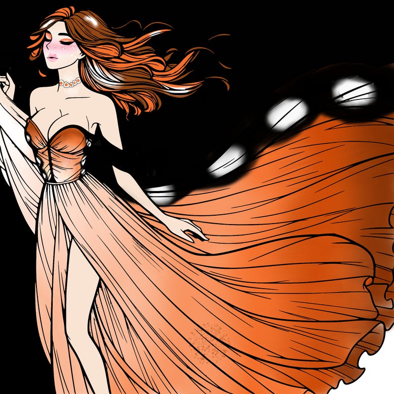 realistic woman in dress flowing the the wind