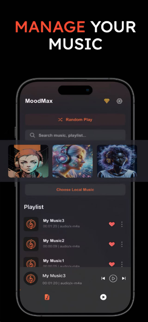 Interface do aplicativo MoodMax mostrando gerenciamento de lista de reprodução de música e skins de player estéticas