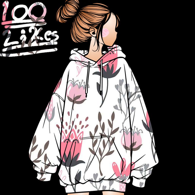 realistic girl with a oversized sweatshirt on and a bun