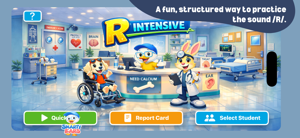 Main menu of the R Intensive Pro speech therapy app featuring child friendly animal characters in a clinic setting and buttons for report cards and student selection.