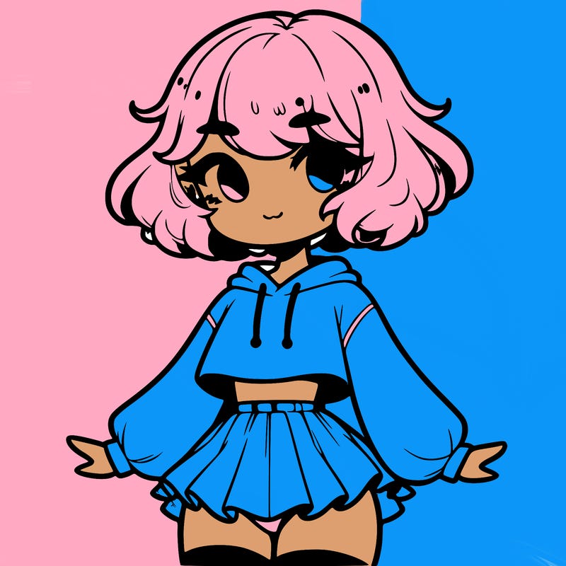 cute femboy with short, fluffy hair that softly frames their face, wearing a cropped hoodie, paired with a flouncy short skirt, and thigh-high stockings