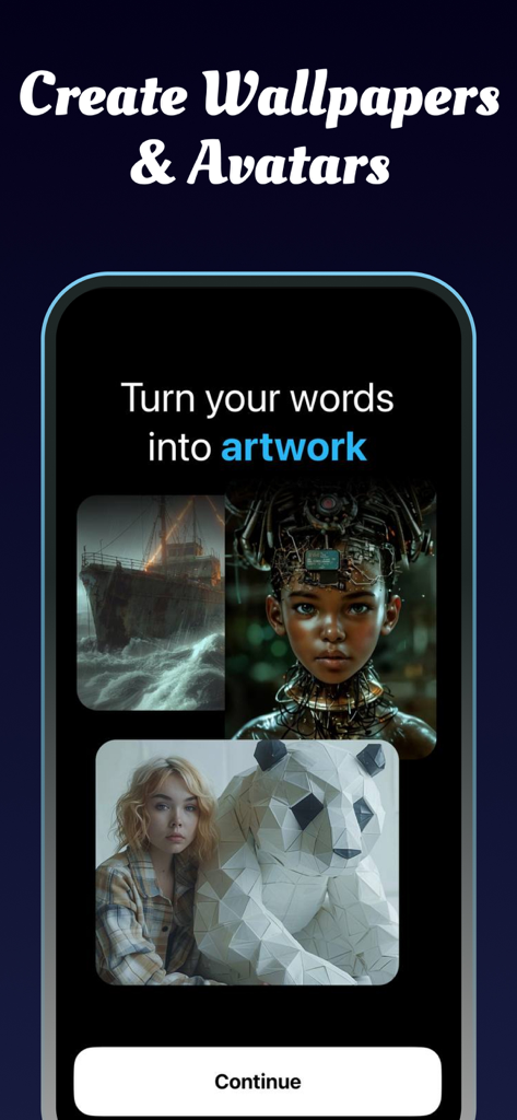 Art Creator・AI Image Generator - Pantalla de la aplicación Creador de Arte mostrando la generación de texto a imagen y avatares de IA