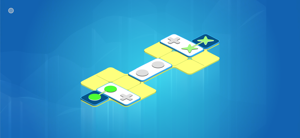 "OXXO" - 青い背景に黄色と白いブロックがあるOXXOアプリの3Dミニマルパズルレベル