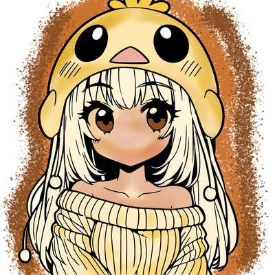 anime girl with chick shaped hat with sweater with bare shoulders with bangs covering them one eye with low tail