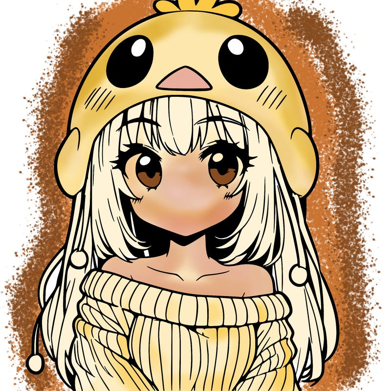 anime girl with chick shaped hat with sweater with bare shoulders with bangs covering them one eye with low tail