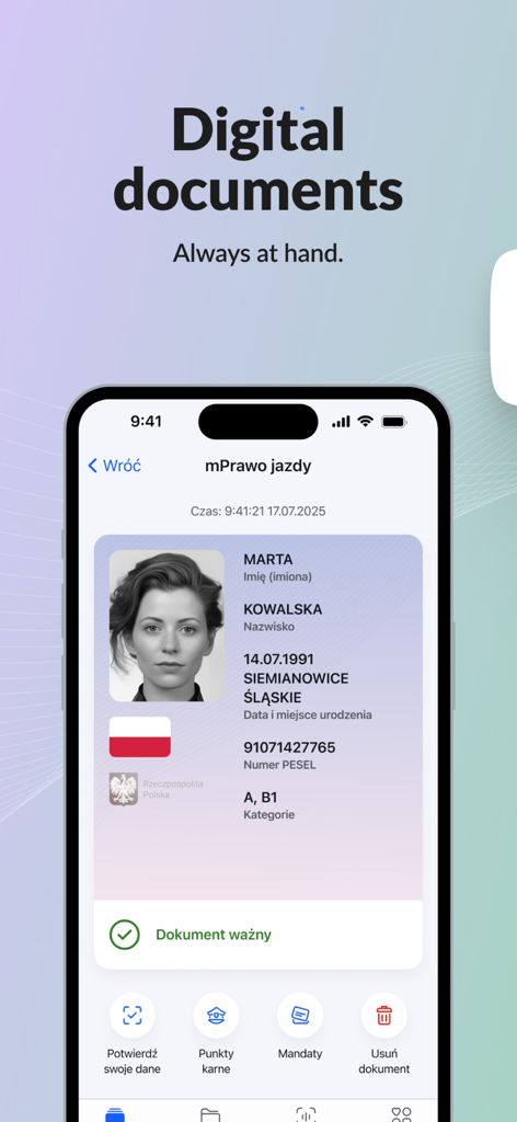 mObywatel - mObywatel app interface displaying a digital Polish driving license on a smartphone screen