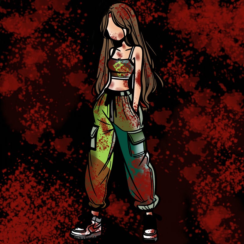 girl in baggy pants crop top and long hair