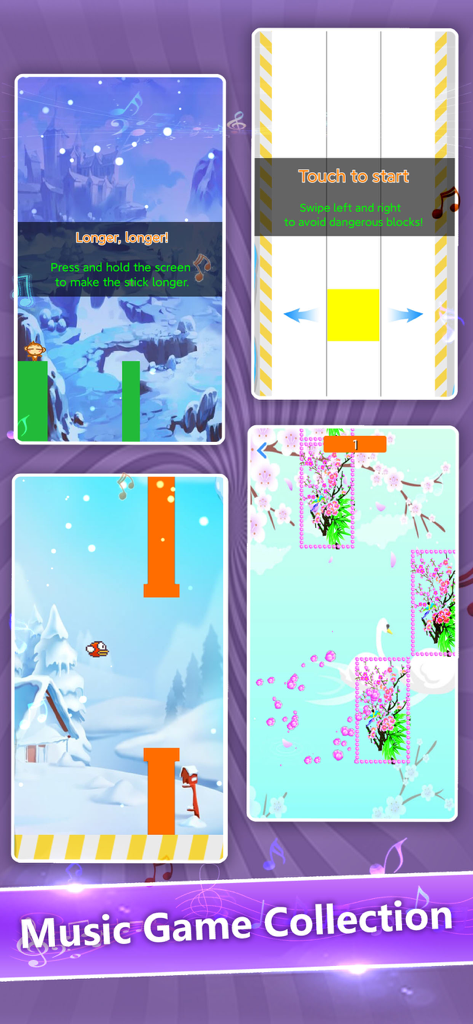 A collection of various rhythm and reaction mini games within the Black tiles app