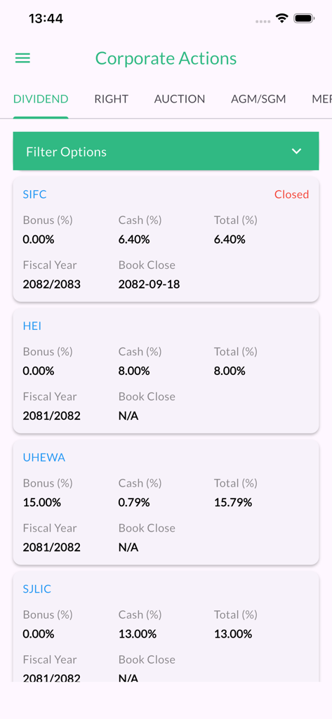 Smart Wealth Pro - Smart Wealth Pro app interface showing corporate actions and dividend details for listed companies