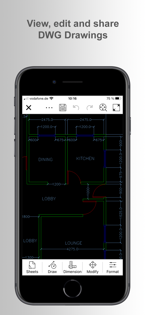 biiCADo Mobile - CAD App - Aplicación CAD biiCADo Mobile mostrando un plano de planta técnico con dimensiones en un iPhone