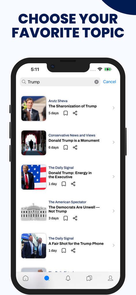 Search results for Trump in the President and Oval Office News app showcasing multiple political news sources