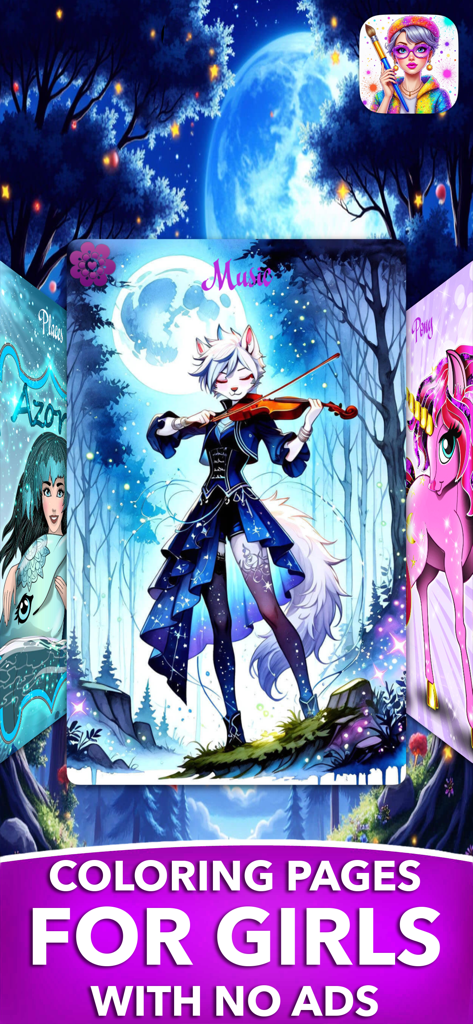 Interface of PONY Coloring Pages for Girls app showing musical and fantasy characters to color